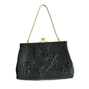 1950s Black Beaded Floral Evening Bag with Gold Frame